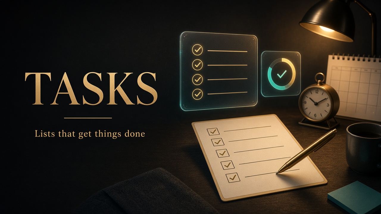 Tasks: a gold pen ticking a checklist beside a desk clock, with glowing checklist panels.