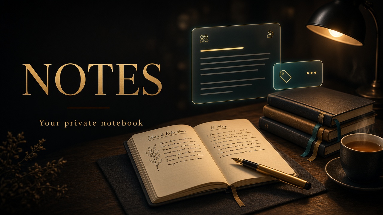 Notes: an open handwritten notebook with a gold fountain pen, tea and stacked notebooks.