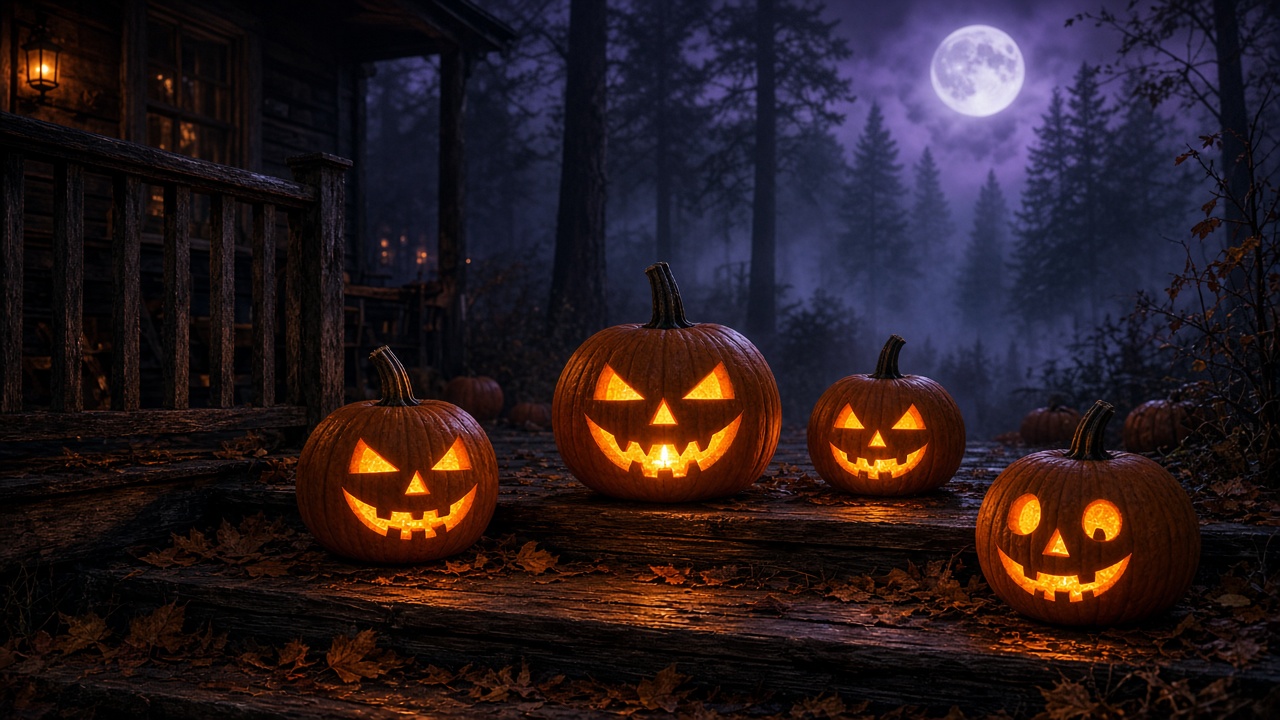Glowing jack-o'-lanterns on old porch steps in a misty forest under a full moon.